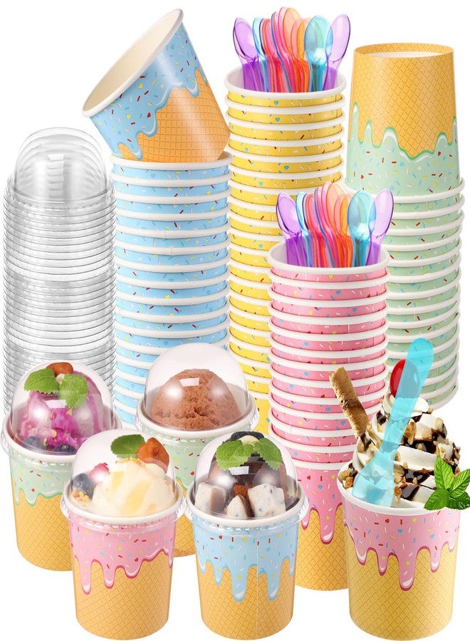 Jingmore 40 Pack Ice Cream Cups with Lids and Spoons Paper Dessert Cups Colorful Sundae Bowls Disposable Ice Cream Containers for Hot Soup Spring Summer Graduation Bar Party Supplies (6 oz) - Image 1